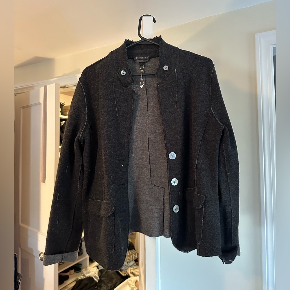 Frayed Dark Gray Light Button-Up Jacket. Eileen F… - image 1
